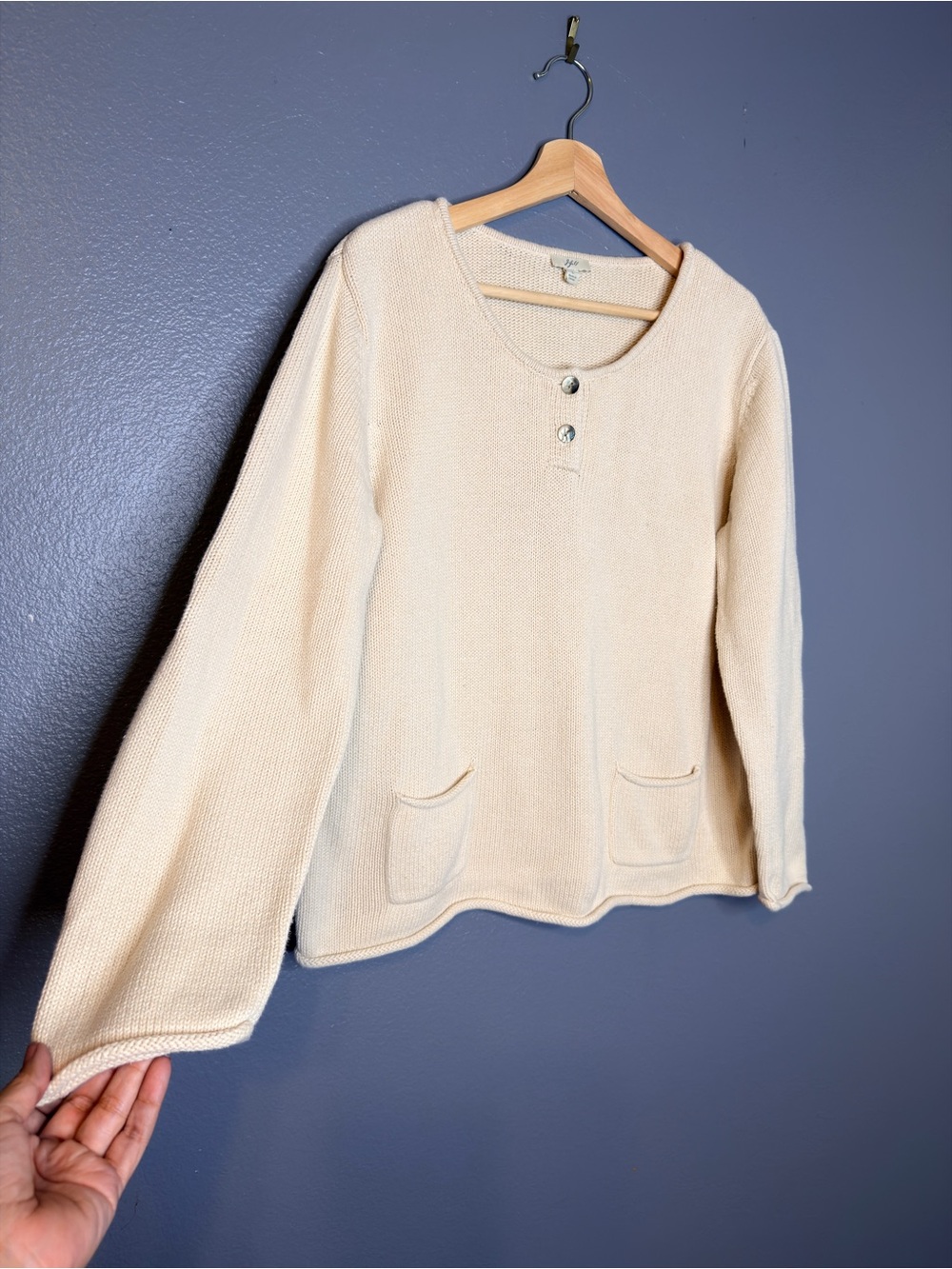 J. Jill Women's Core Granola Cream Knit Henley Pullover with Front Pockets Large